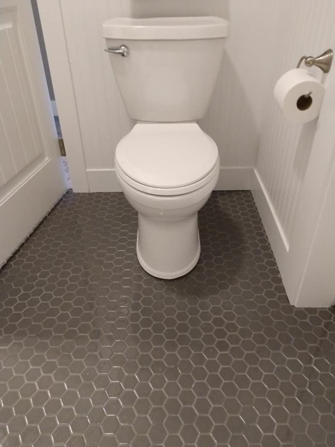 glass tile, taupe, white grout, hexagon tile, floor tile, bathroom, white shiplap