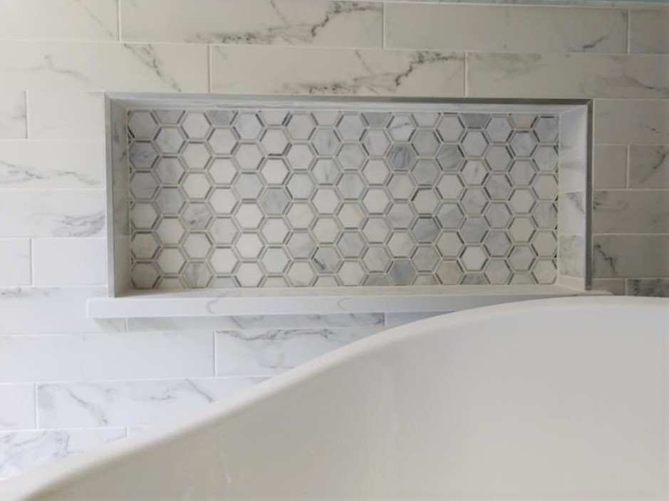 marble, niche, hexagon, grey, white, 3x9 ceramic tile, free-standing bathtub, elegant