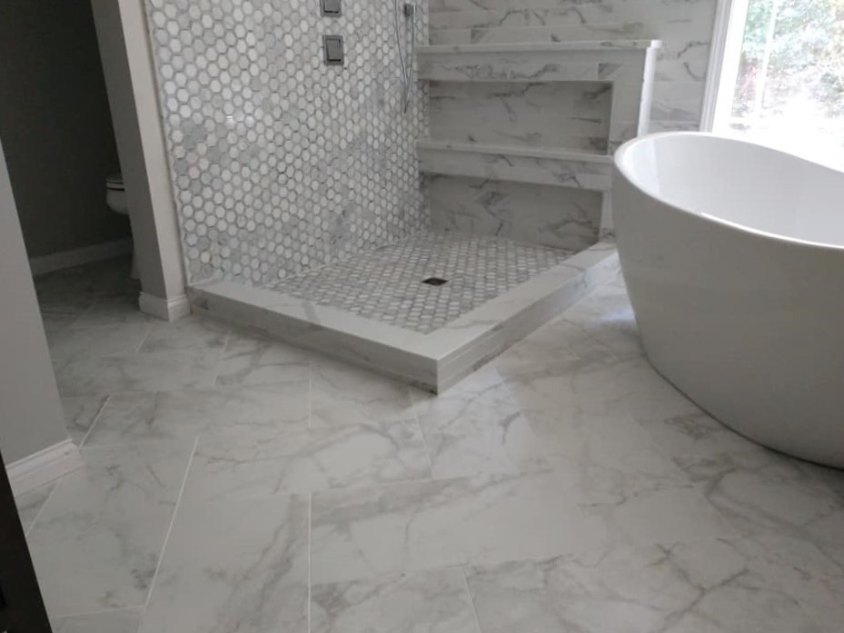 walk-in, shower, double niche, unique idea, hexagon tile, stone, marble, subway tile, 3x9 tile, shower pan, elegant, white, grey, gray, exquisite, free-standing bathtub