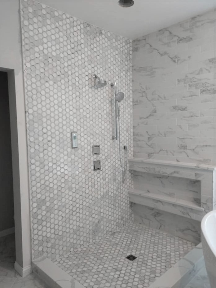 walk-in, shower, double niche, unique idea, hexagon tile, stone, marble, subway tile, 3x9 tile, shower pan, elegant, white, grey, gray, exquisite